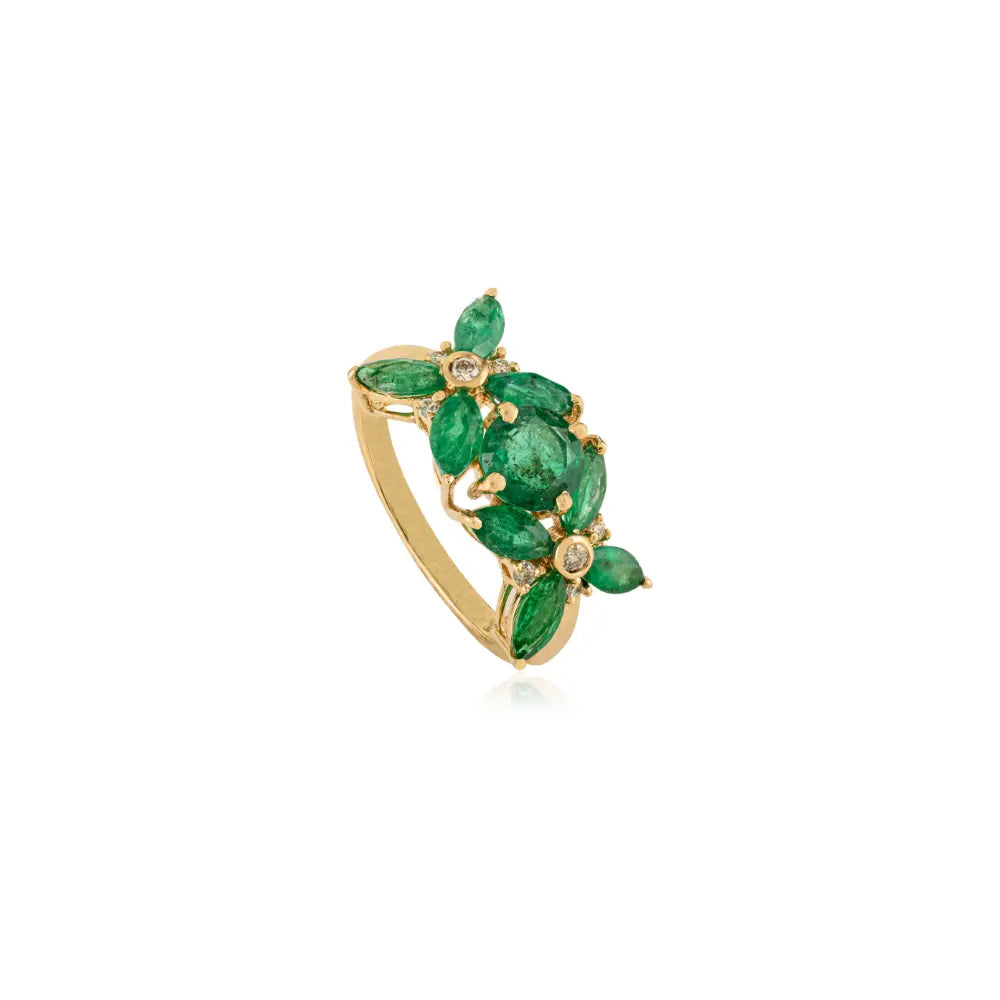 New Designer Flower Ring Featuring Emerald & Diamond Wedding Jewelry 14K Yellow Gold
