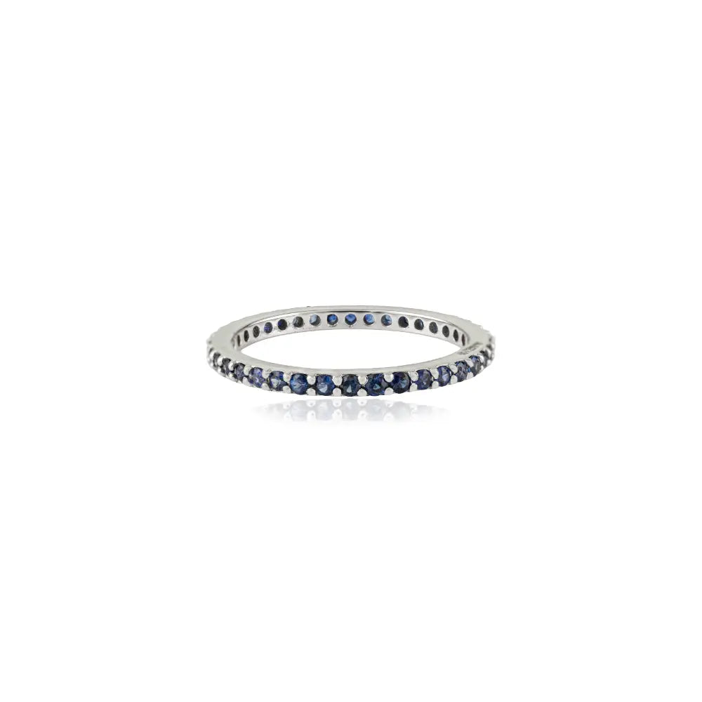 Pave Setting Blue Sapphire Minimalist Stacking Band Ring Graduation Gift 14K White Gold