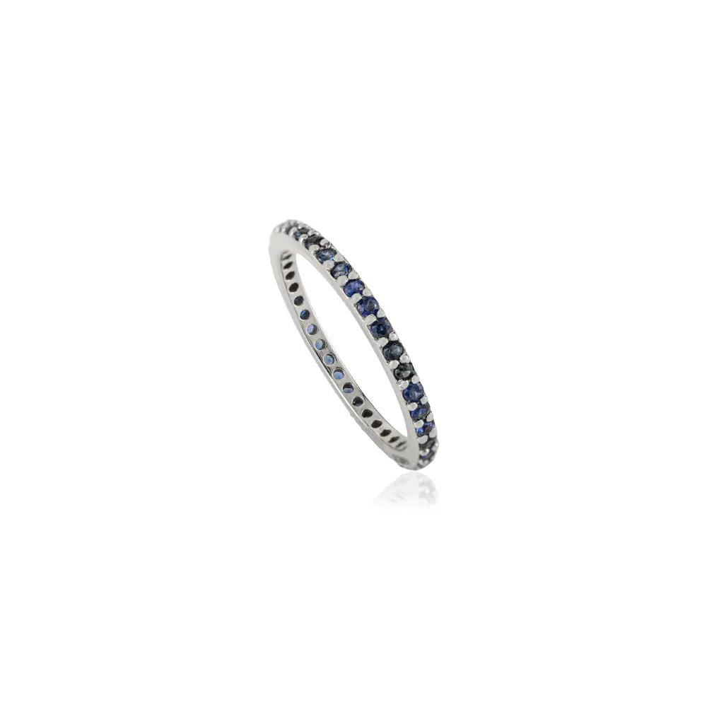Pave Setting Blue Sapphire Minimalist Stacking Band Ring Graduation Gift 14K White Gold