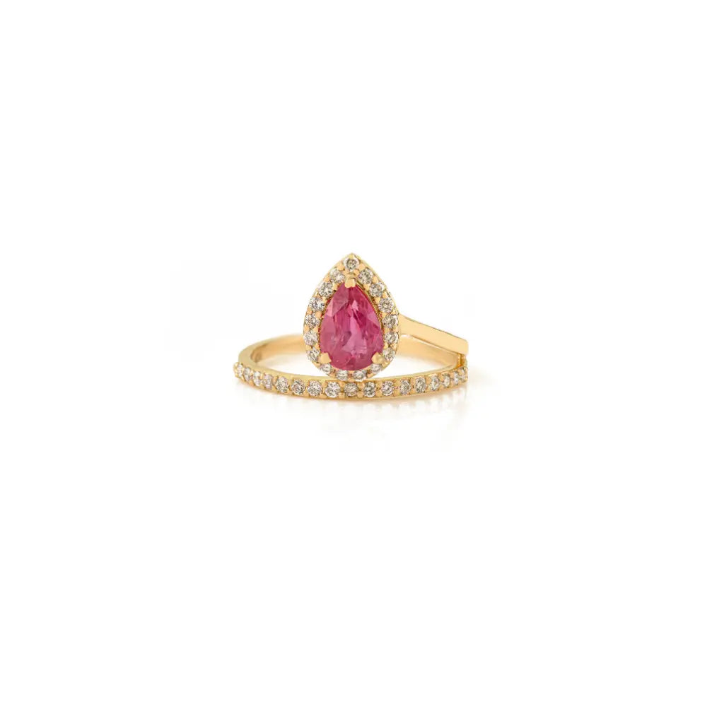 Pear Shape Ruby & Diamond Halo Floating Designer Ring 14K Yellow Gold Wedding Jewelry