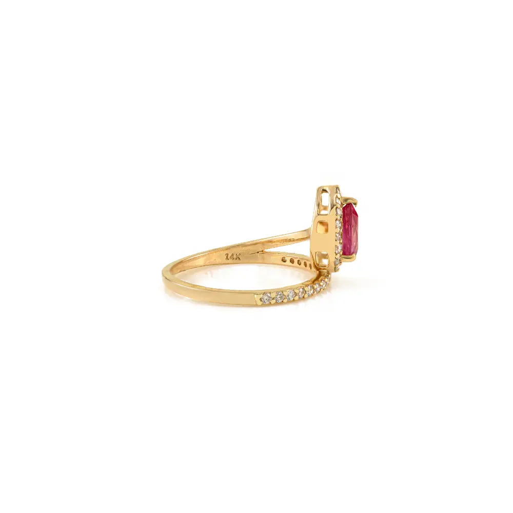 Pear Shape Ruby & Diamond Halo Floating Designer Ring 14K Yellow Gold Wedding Jewelry