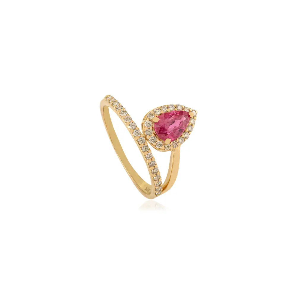 Pear Shape Ruby & Diamond Halo Floating Designer Ring 14K Yellow Gold Wedding Jewelry