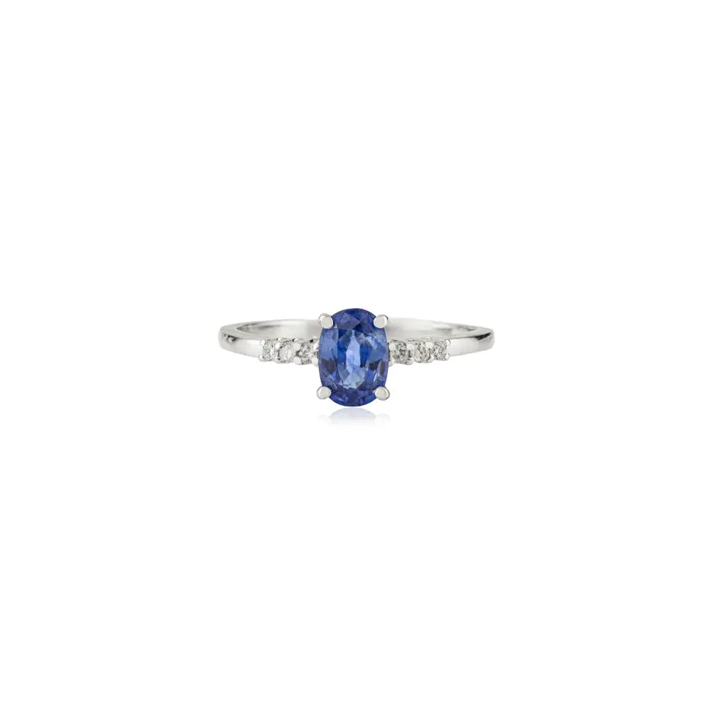 Simple Elegant Blue Sapphire & Diamond 14K White Gold Stackable Gemstone Ring For Women