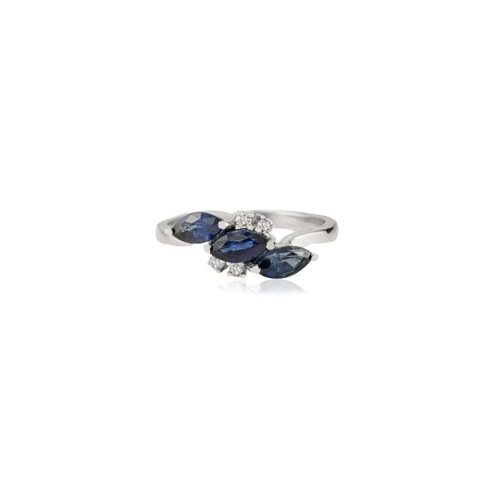 Latest Design 14K White Gold Blue Sapphire & Diamond Fine Three Stone Ring Elegant Jewelry