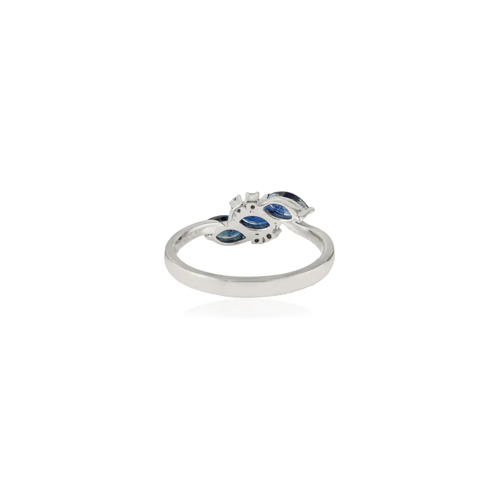 Latest Design 14K White Gold Blue Sapphire & Diamond Fine Three Stone Ring Elegant Jewelry