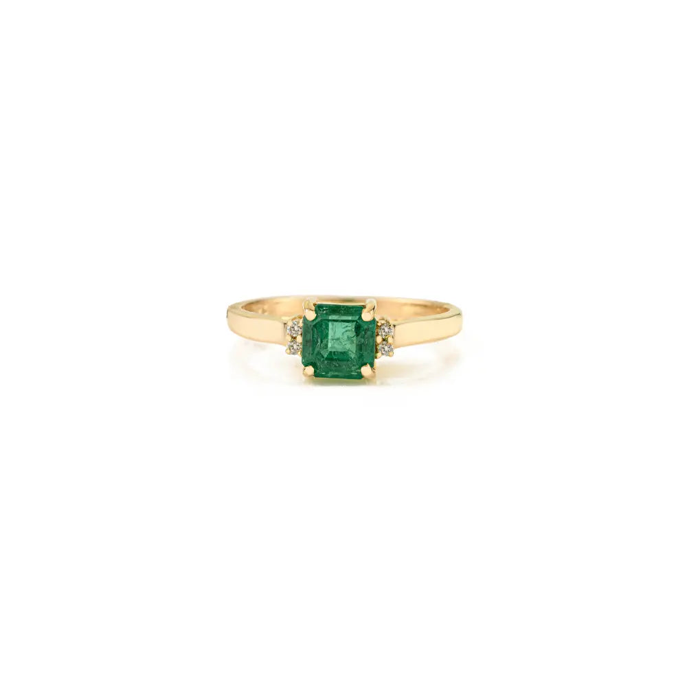 Prong Setting Emerald & Diamond Minimal Gemstone Ring Daily Wear 14K Yellow Gold Jewelry