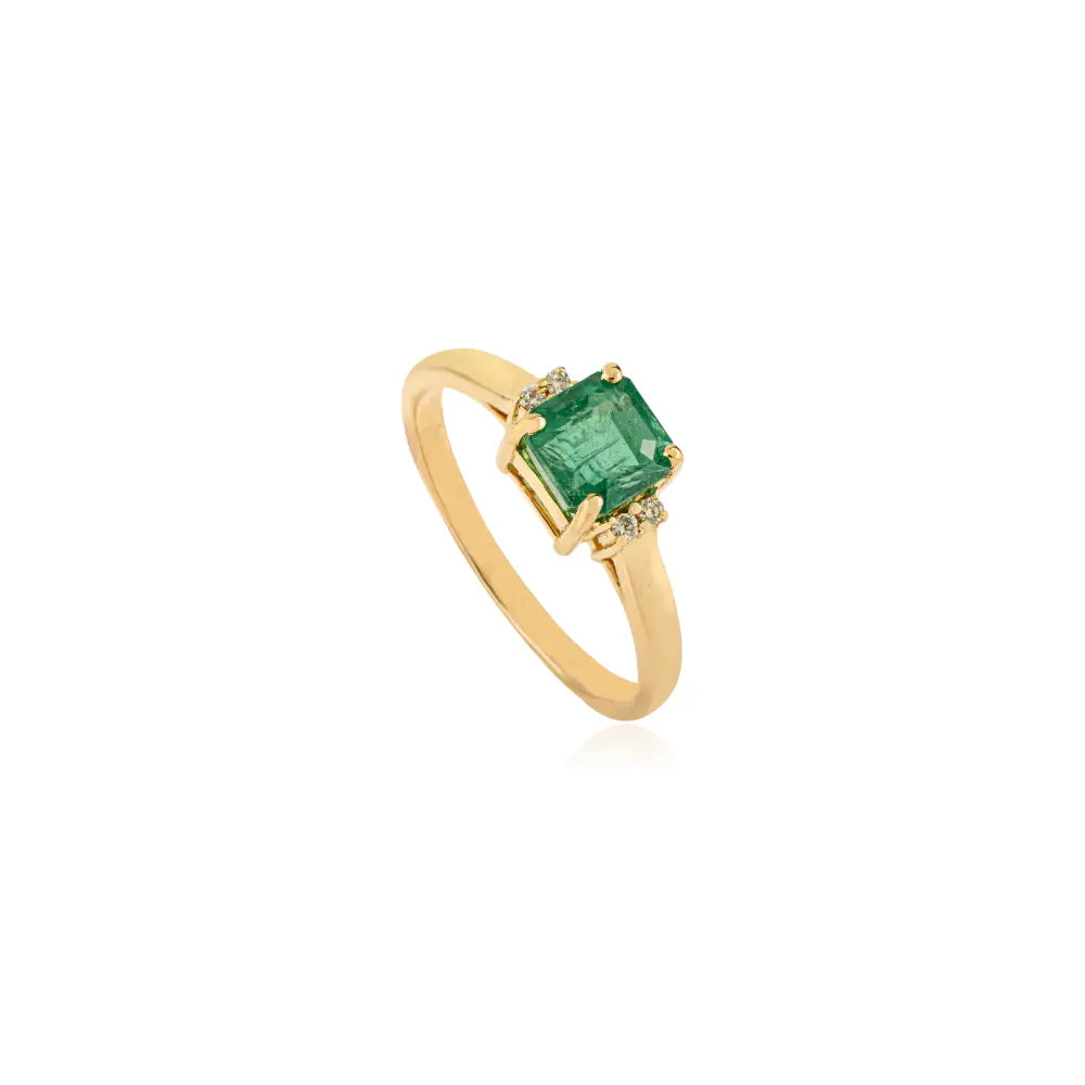 Prong Setting Emerald & Diamond Minimal Gemstone Ring Daily Wear 14K Yellow Gold Jewelry