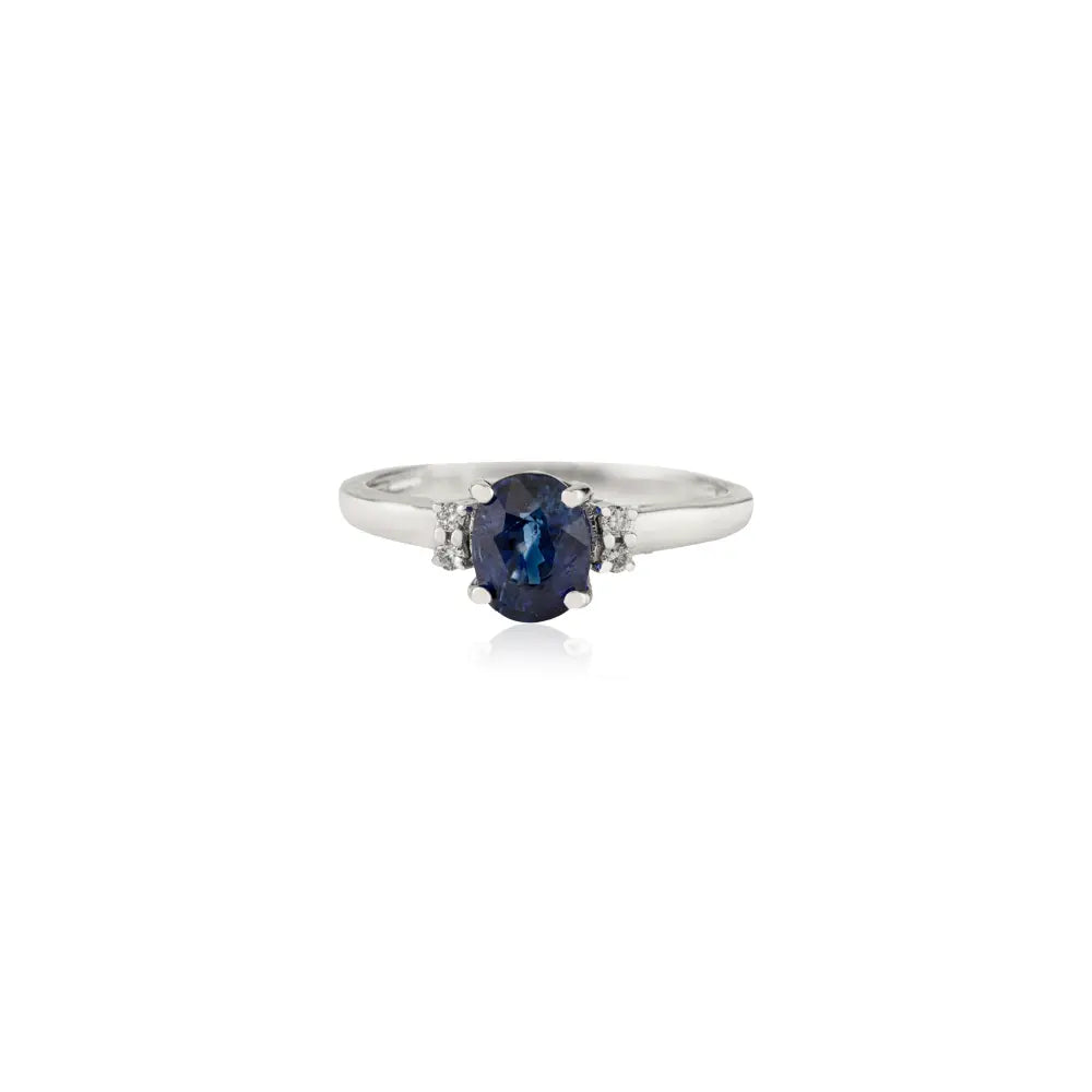 Prong Setting Blue Sapphire & Diamond Daily Wear Minimal Ring 14K Solid White Gold Jewelry