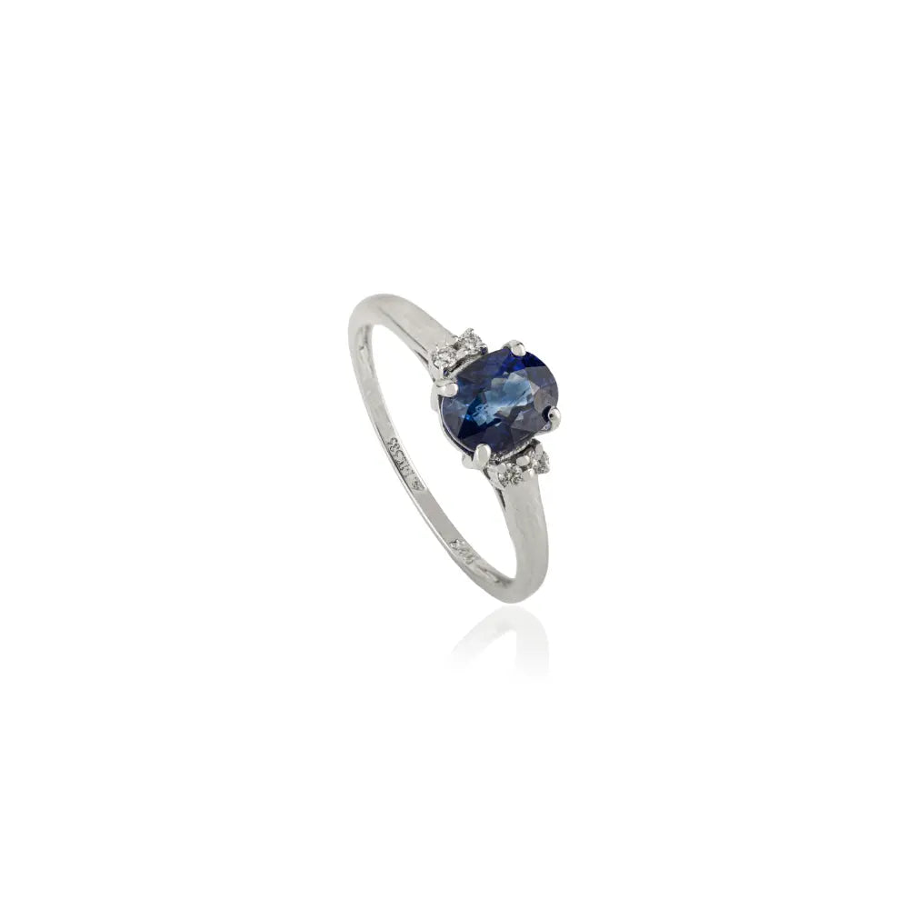 Prong Setting Blue Sapphire & Diamond Daily Wear Minimal Ring 14K Solid White Gold Jewelry