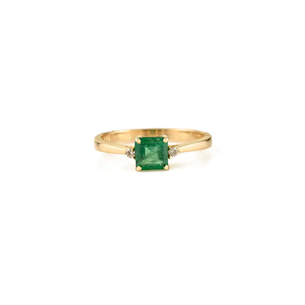Trending Design Zambian Emerald & Diamond Minimal Gemstone 14K Yellow Gold Ring Unisex