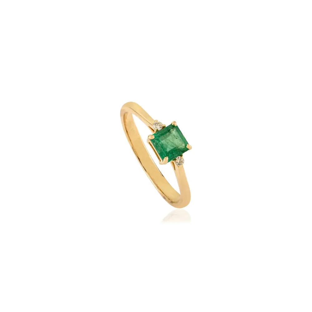 Trending Design Zambian Emerald & Diamond Minimal Gemstone 14K Yellow Gold Ring Unisex