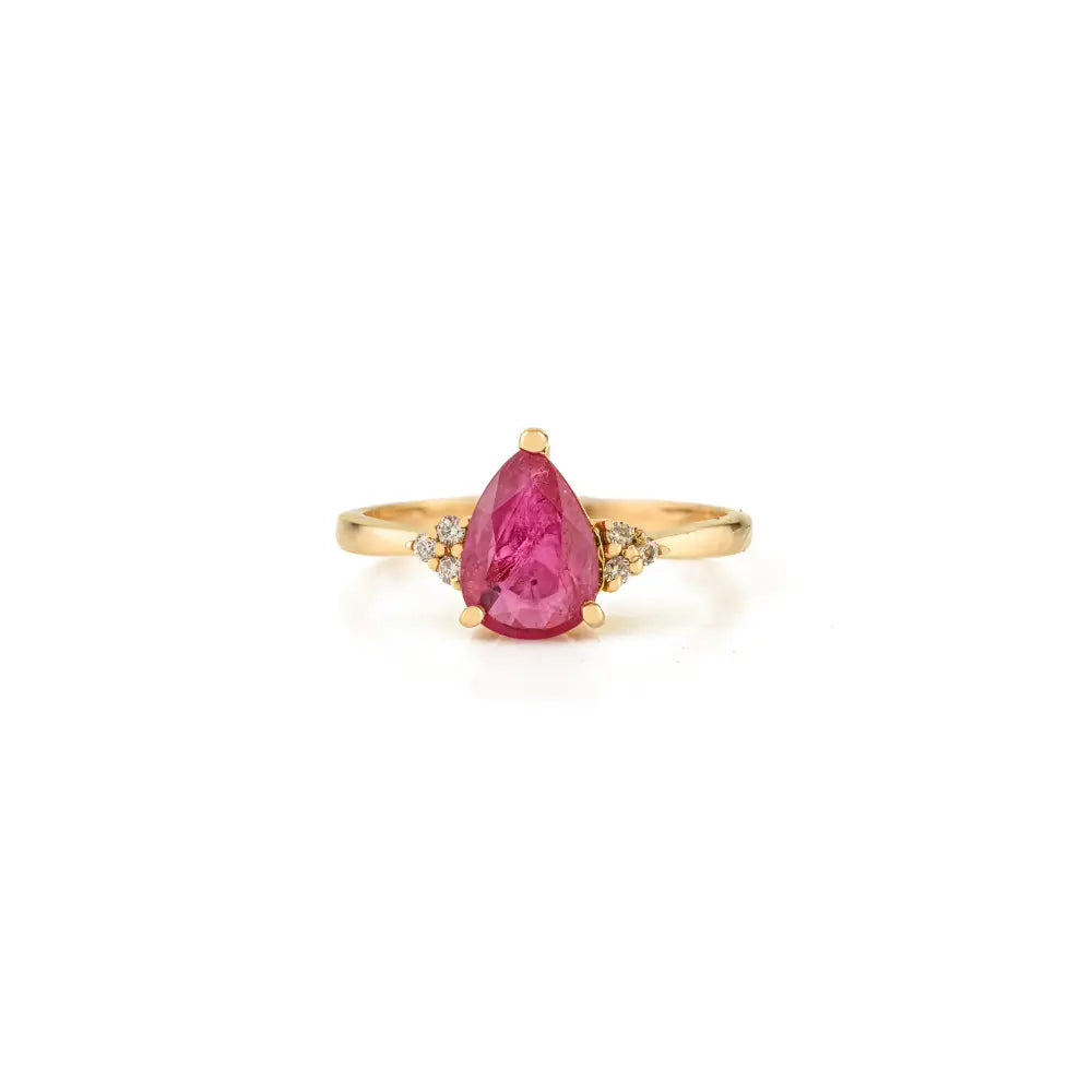 Minimal Simple Design Ruby & Diamond Engagement Gemstone Ring K14 Yellow Gold