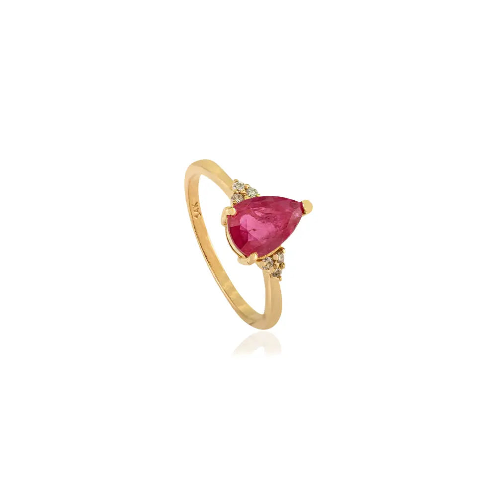 Minimal Simple Design Ruby & Diamond Engagement Gemstone Ring K14 Yellow Gold