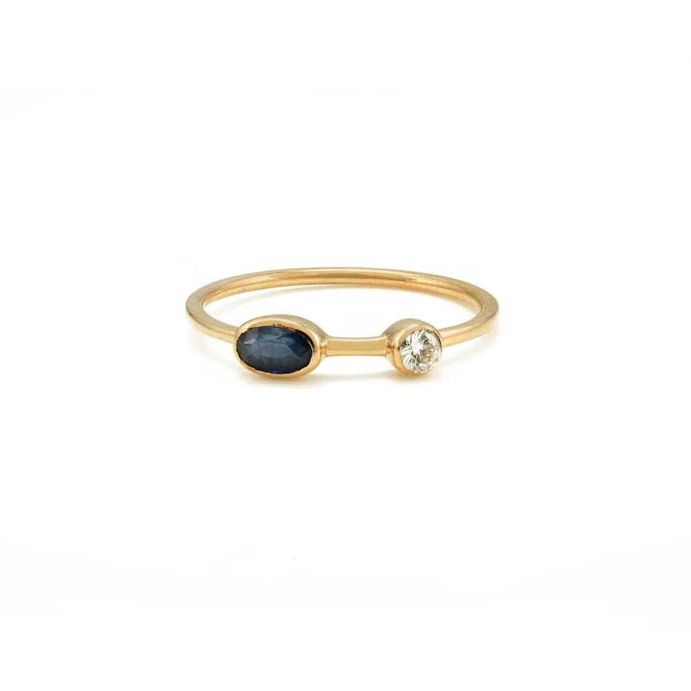 Minimal Jewelry Natural Blue Sapphire & Diamond 14K Yellow Gold Stackable Band Ring