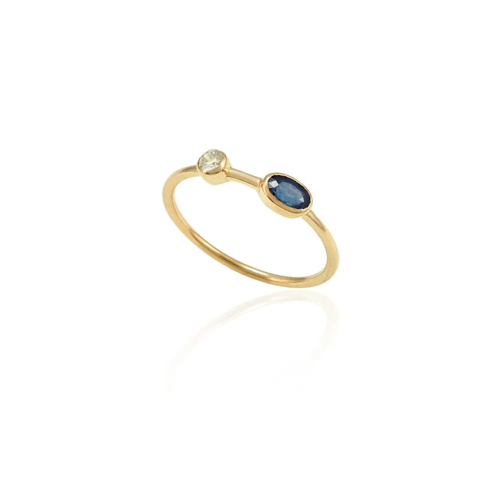 Minimal Jewelry Natural Blue Sapphire & Diamond 14K Yellow Gold Stackable Band Ring