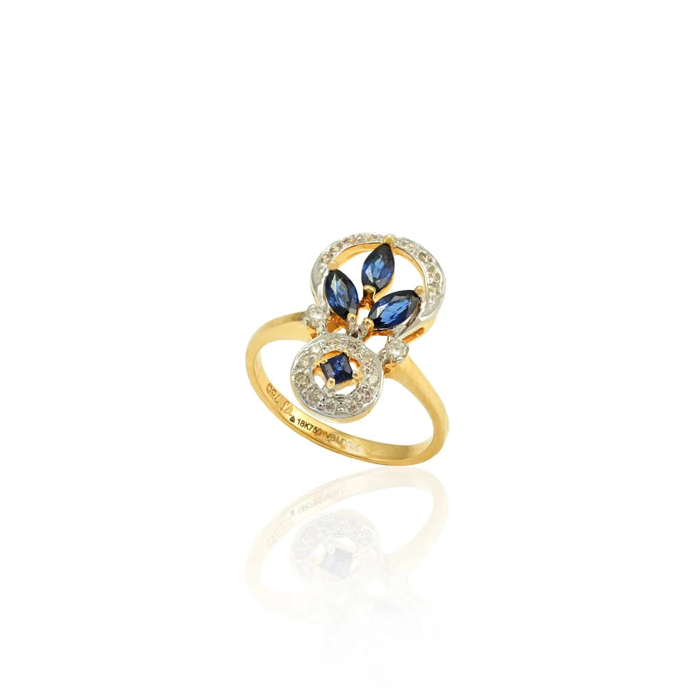 Classic Hot Selling Product Natural Blue Sapphire & Diamond 18K Solid Yellow Gold Flower Design Ring