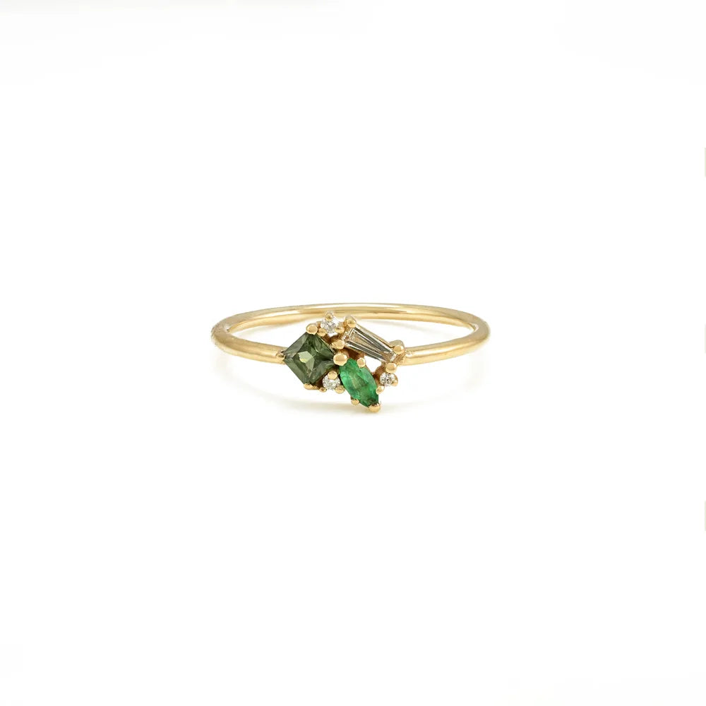 Minimal Jewelry Natural Emerald Sapphire & Diamond 18K Solid Yellow Gold Ring