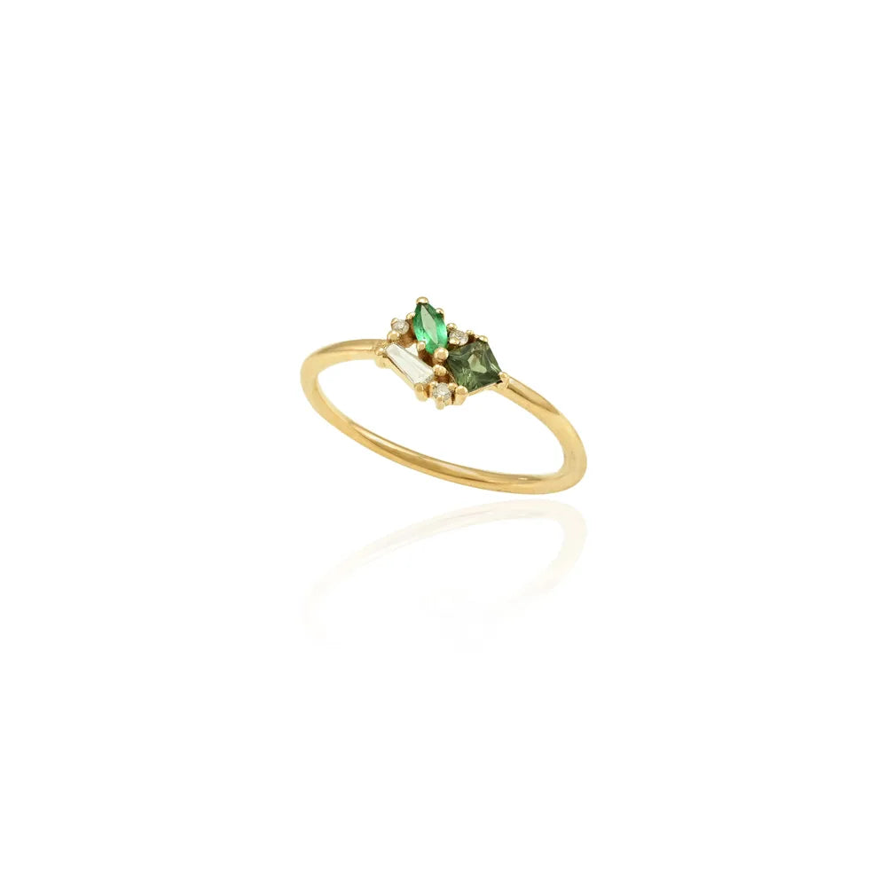 Minimal Jewelry Natural Emerald Sapphire & Diamond 18K Solid Yellow Gold Ring