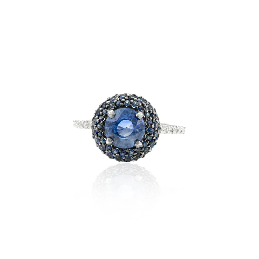 18K Solid White Gold Natural Gemstone Blue Sapphire & Diamond Ball Rings