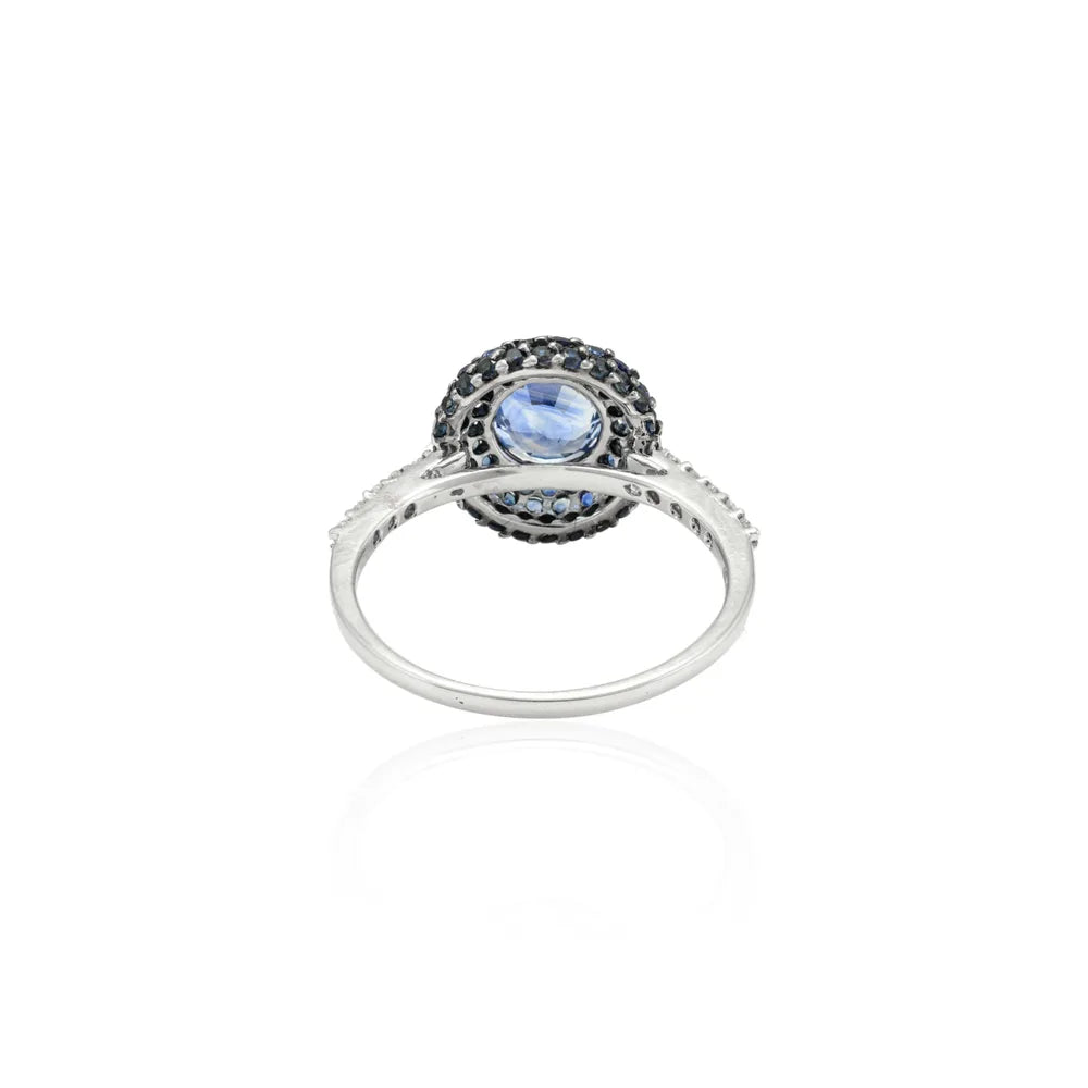 18K Solid White Gold Natural Gemstone Blue Sapphire & Diamond Ball Rings