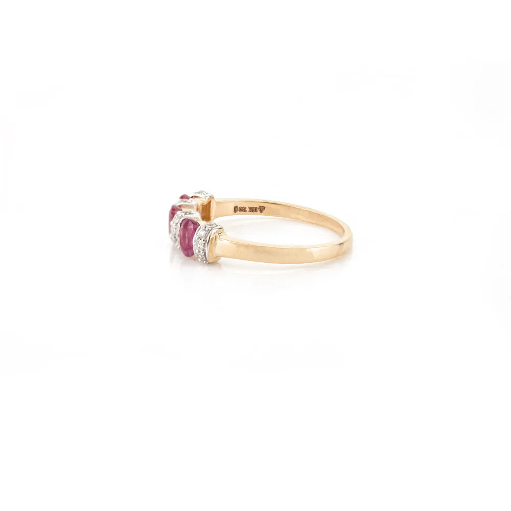 Handmade Jewelry Genuine Ruby & Diamond 18K Yellow Gold Three Stone Ring