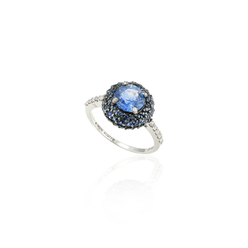 18K Solid White Gold Natural Gemstone Blue Sapphire & Diamond Ball Rings