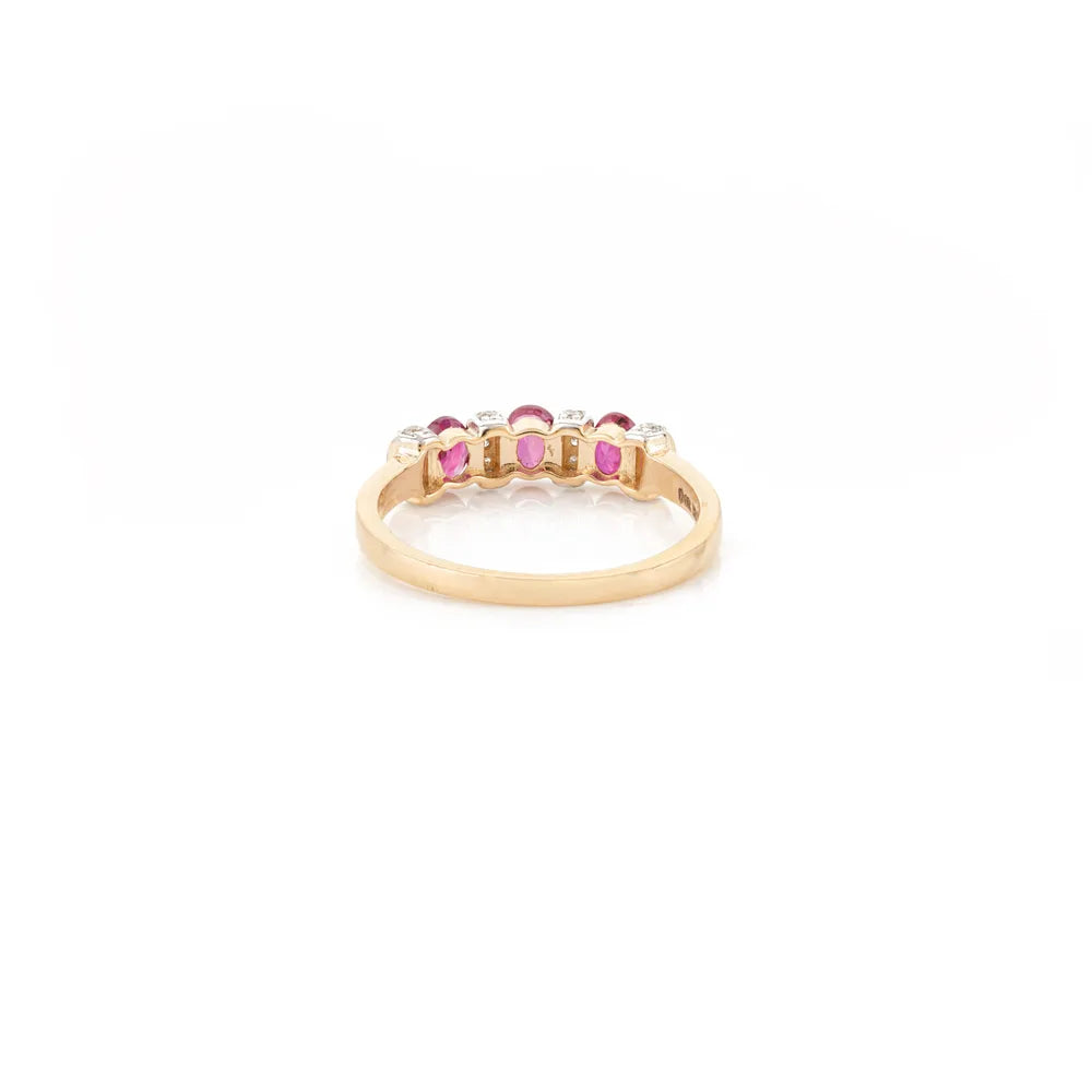 Handmade Jewelry Genuine Ruby & Diamond 18K Yellow Gold Three Stone Ring