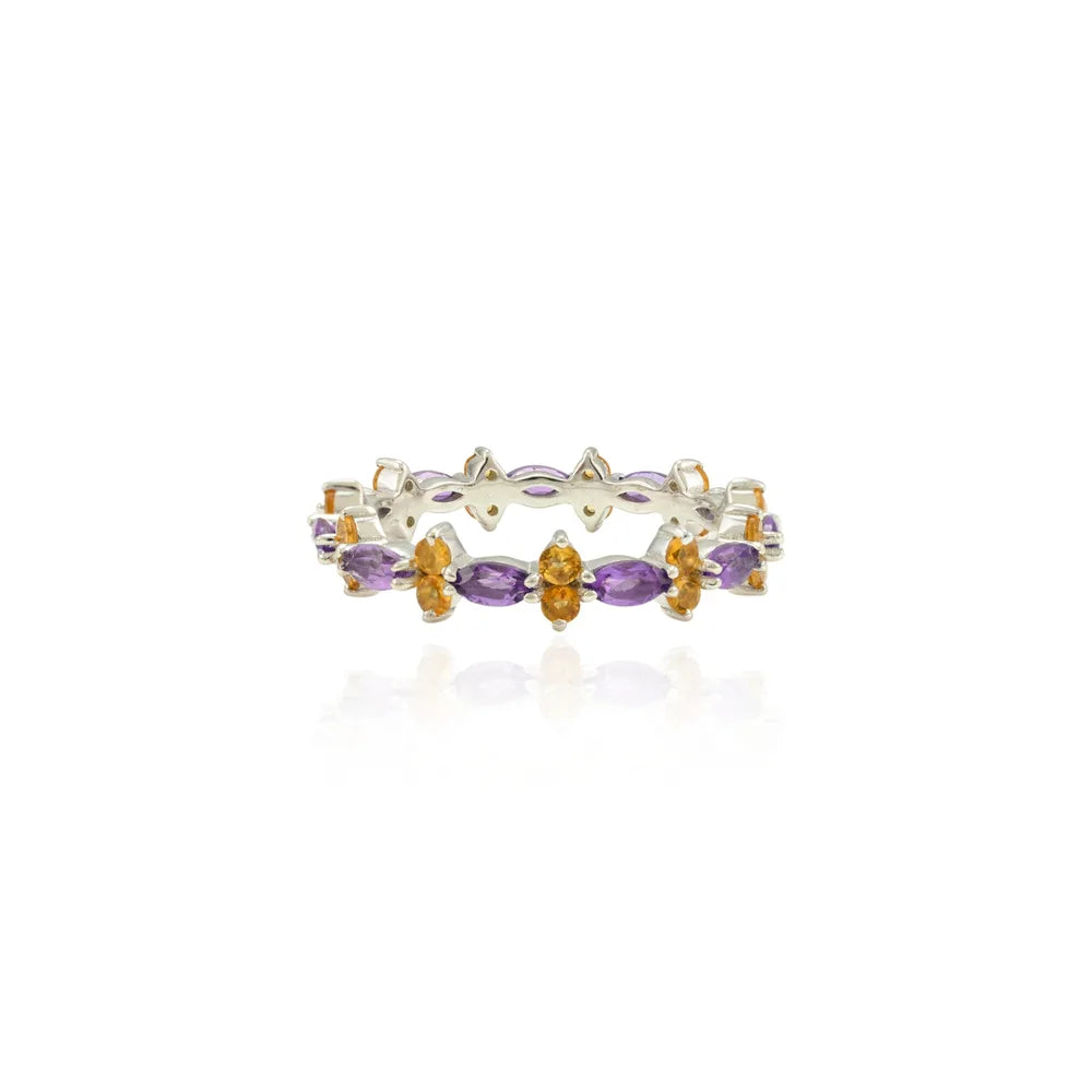 Handmade Jewelry 18K White Gold Natural Amethyst & Citrine Full Stackable Band Ring