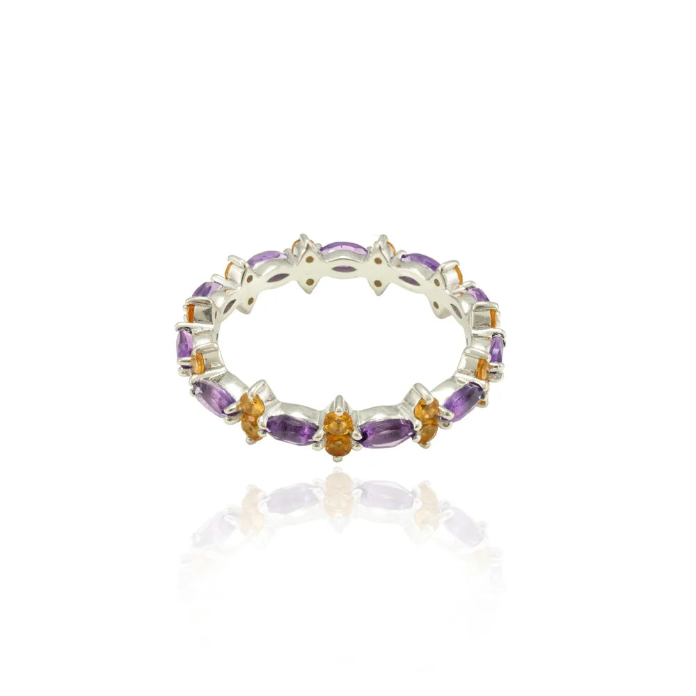 Handmade Jewelry 18K White Gold Natural Amethyst & Citrine Full Stackable Band Ring