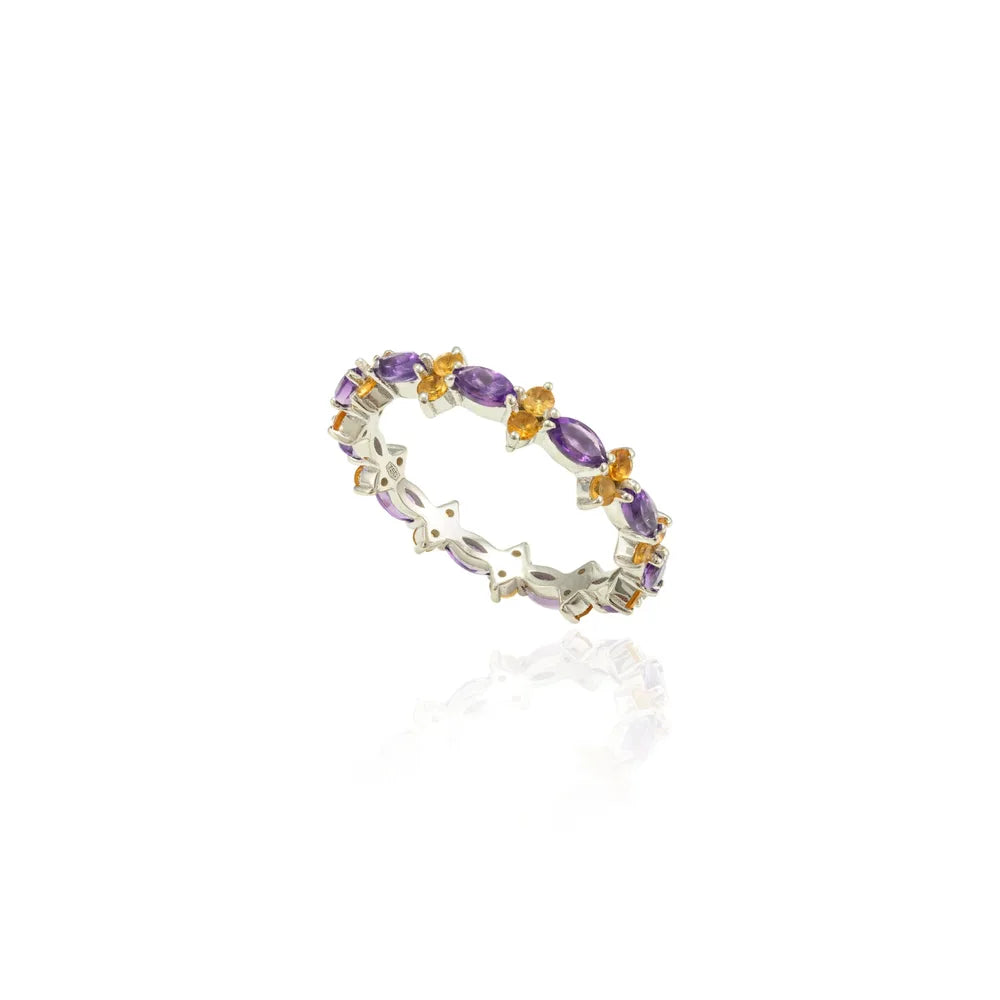 Handmade Jewelry 18K White Gold Natural Amethyst & Citrine Full Stackable Band Ring