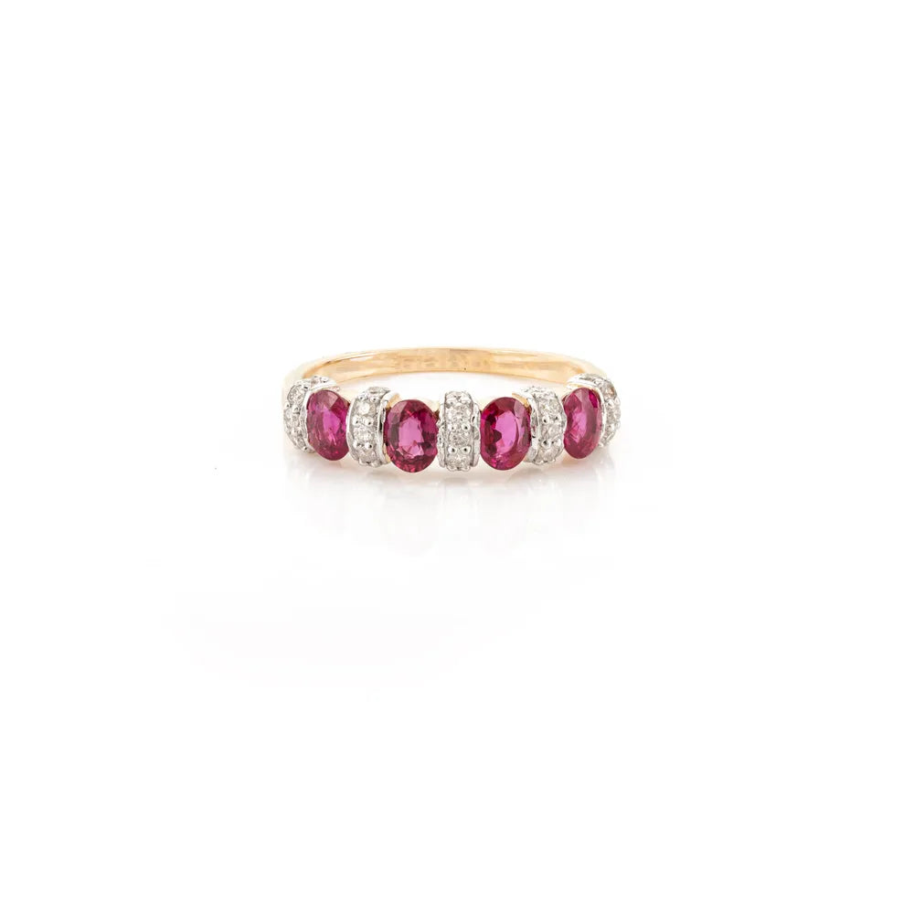 Natural Oval Cut Ruby & Round Diamond 18K Yellow Gold Half Band Ring