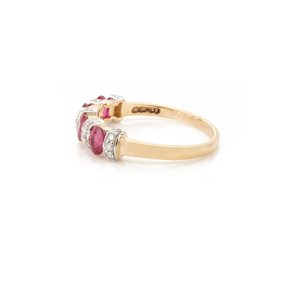 Natural Oval Cut Ruby & Round Diamond 18K Yellow Gold Half Band Ring