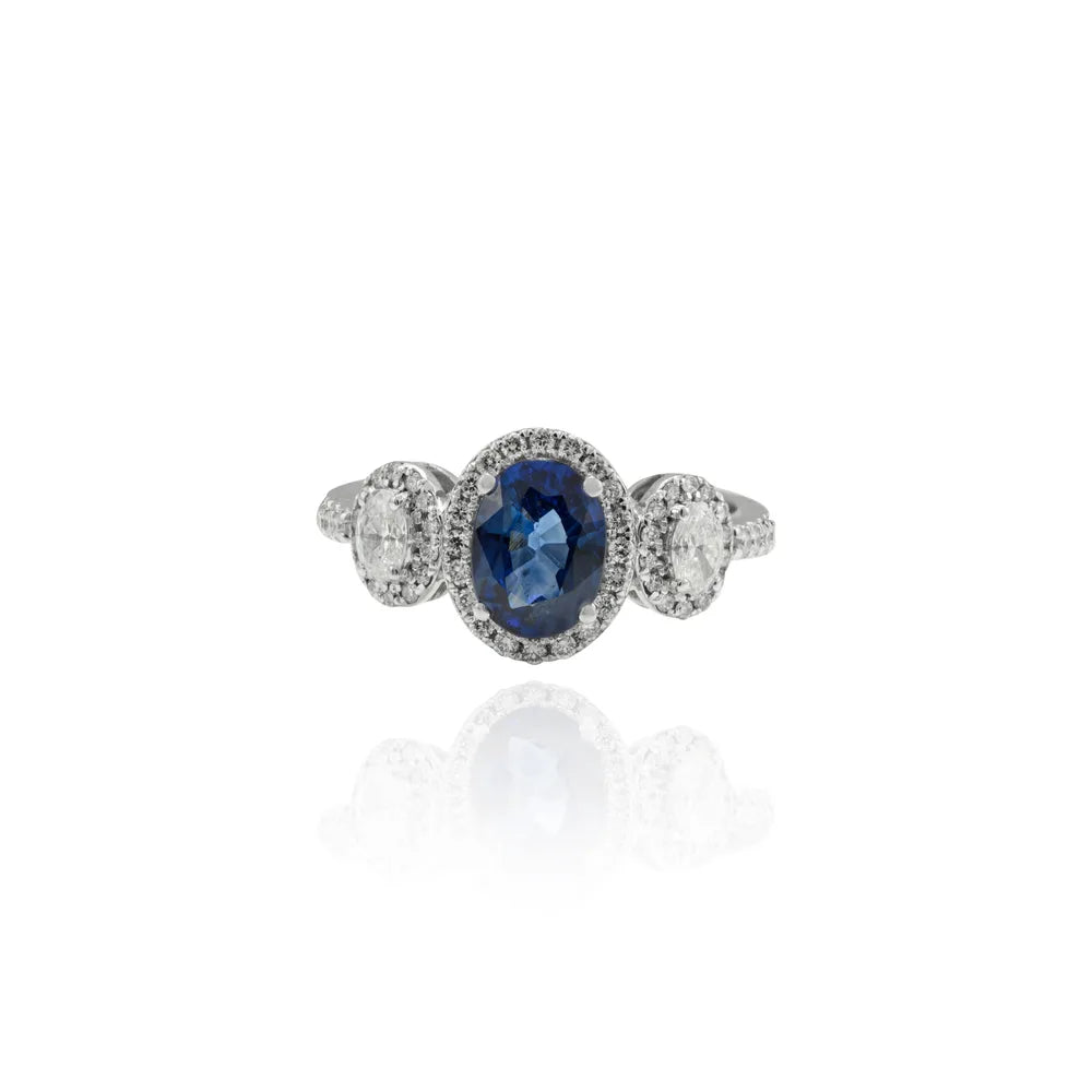 Handmade Luxury Jewelry Natural Blue Sapphire & Diamond 18K Solid White Gold Three Stone Ring