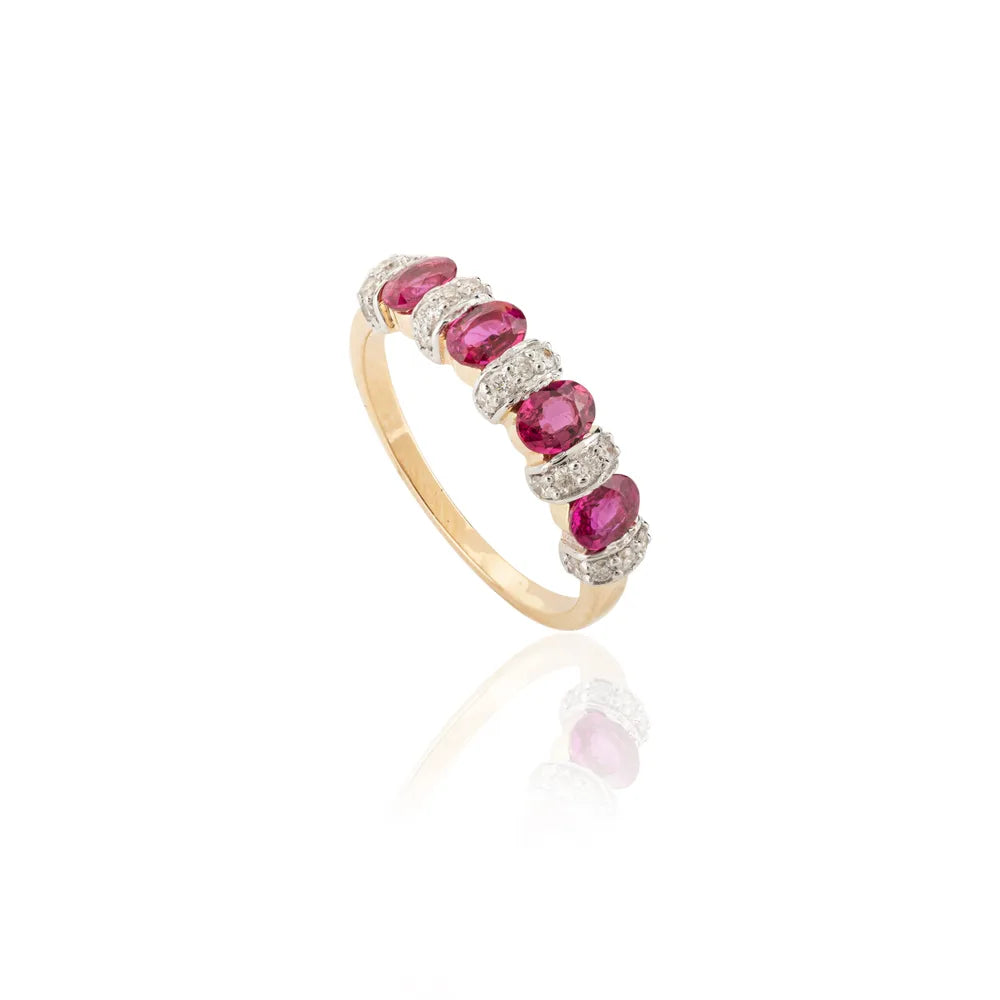 Natural Oval Cut Ruby & Round Diamond 18K Yellow Gold Half Band Ring