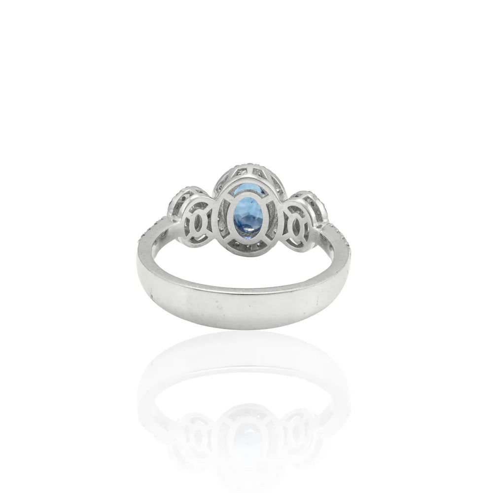 Handmade Luxury Jewelry Natural Blue Sapphire & Diamond 18K Solid White Gold Three Stone Ring