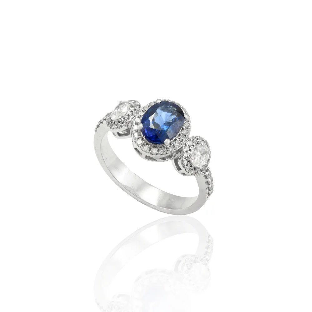 Handmade Luxury Jewelry Natural Blue Sapphire & Diamond 18K Solid White Gold Three Stone Ring