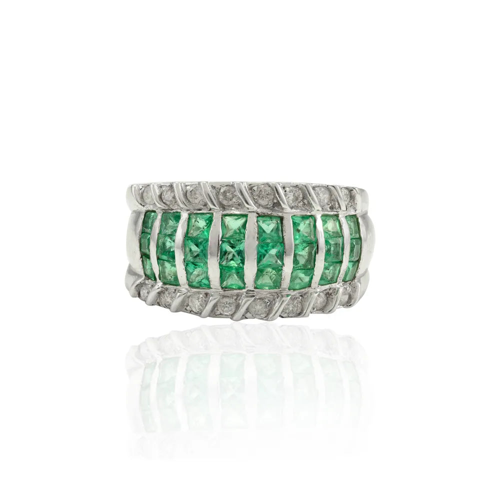 Precious Gemstone Jewelry Natural Emerald & Diamond 18K Solid White Gold Wedding Band Ring