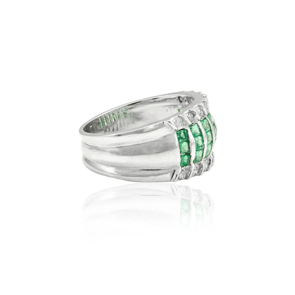 Precious Gemstone Jewelry Natural Emerald & Diamond 18K Solid White Gold Wedding Band Ring