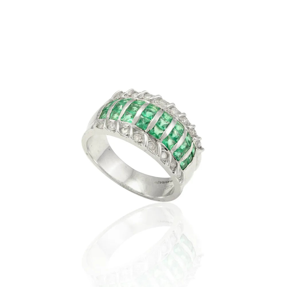 Precious Gemstone Jewelry Natural Emerald & Diamond 18K Solid White Gold Wedding Band Ring