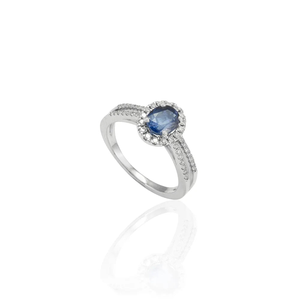 Handmade Jewelry Natural Blue Sapphire & Diamond 18K White Gold Engagement Ring