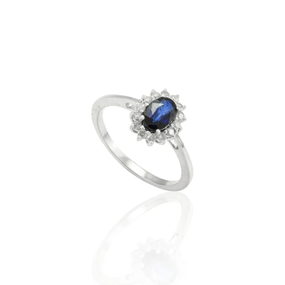 Luxury Jewelry Natural Blue Sapphire & Diamond 14K Solid White Gold Cluster Ring