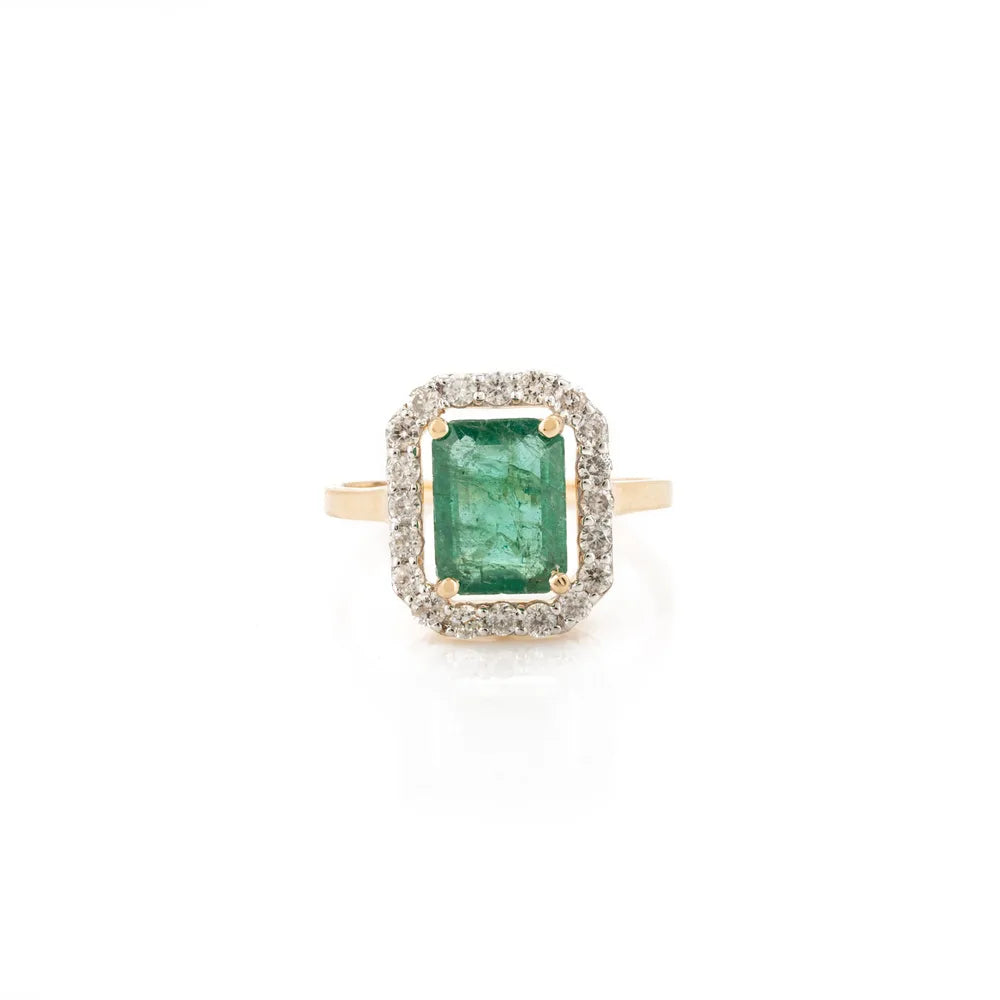 High Quality Product Natural Emerald & Diamond 18K Yellow Gold Handmade Ring