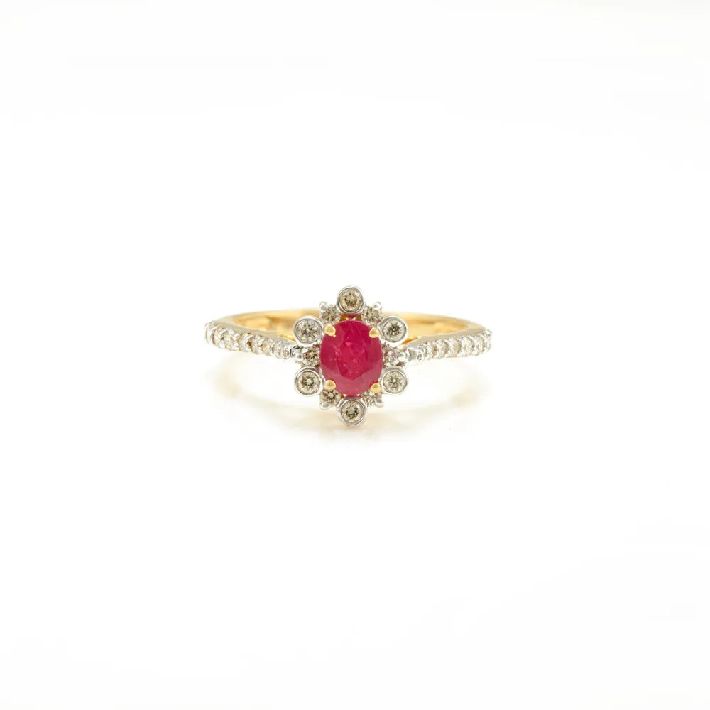 Handcrafted Jewelry Natural Ruby & Diamond 18K Solid Yellow Gold Cluster Ring