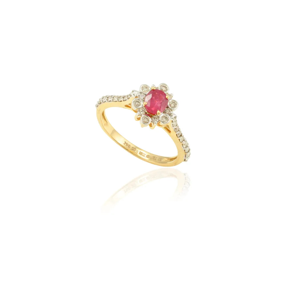 Handcrafted Jewelry Natural Ruby & Diamond 18K Solid Yellow Gold Cluster Ring