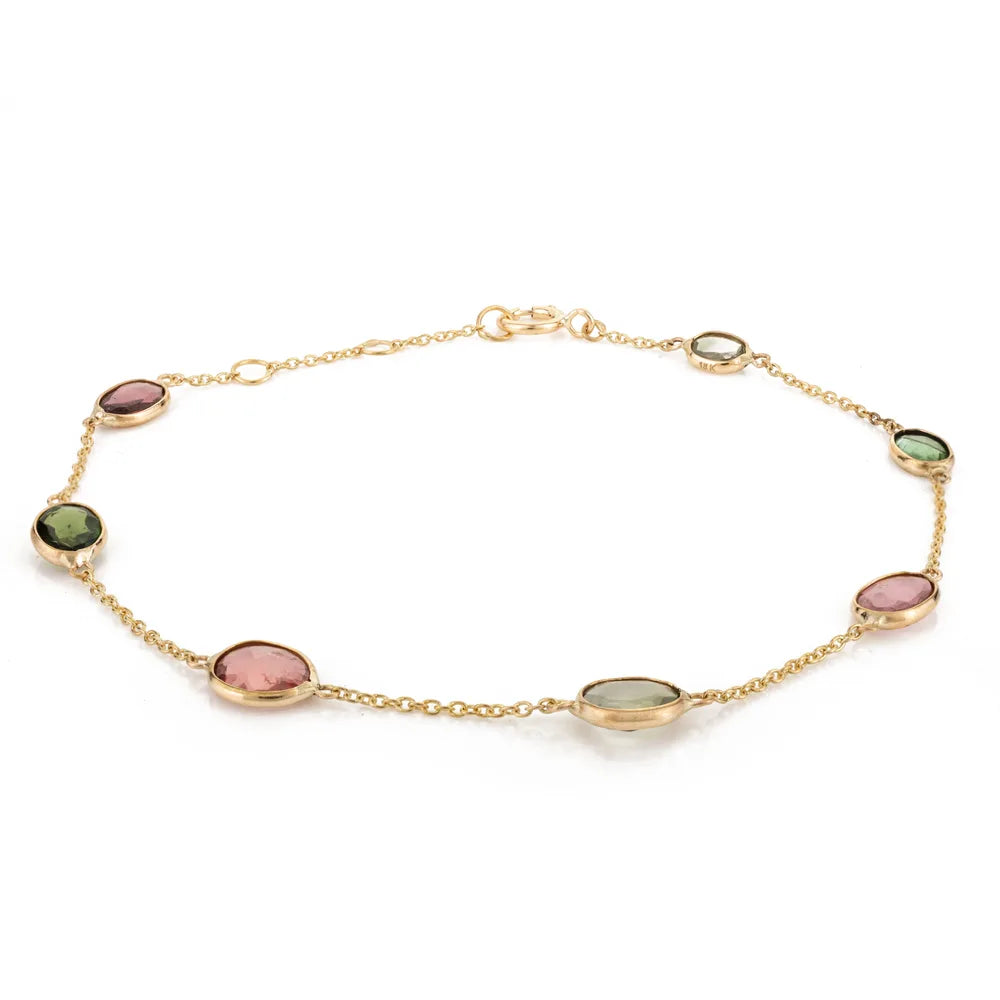 Best Quality Product Multi Tourmaline Uneven Shape 18K Yellow Gold Chain Bracelet