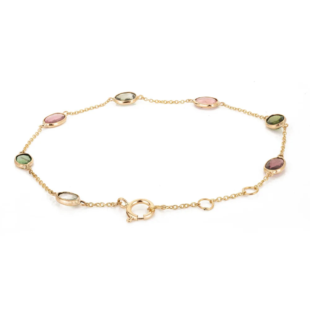 Best Quality Product Multi Tourmaline Uneven Shape 18K Yellow Gold Chain Bracelet