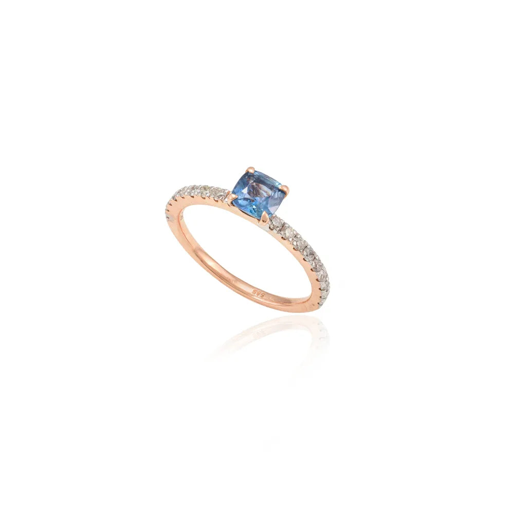 Designer Natural Precious Gemstone Blue Saphhire & Diamond 14K Solid Rose Gold Ring