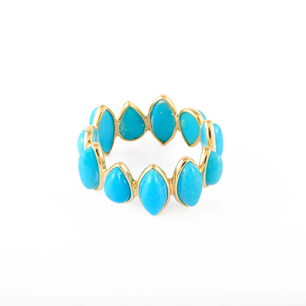 Fashion Jewelry Natural Turquoise 18K Solid Yellow Gold Stacking Band Ring