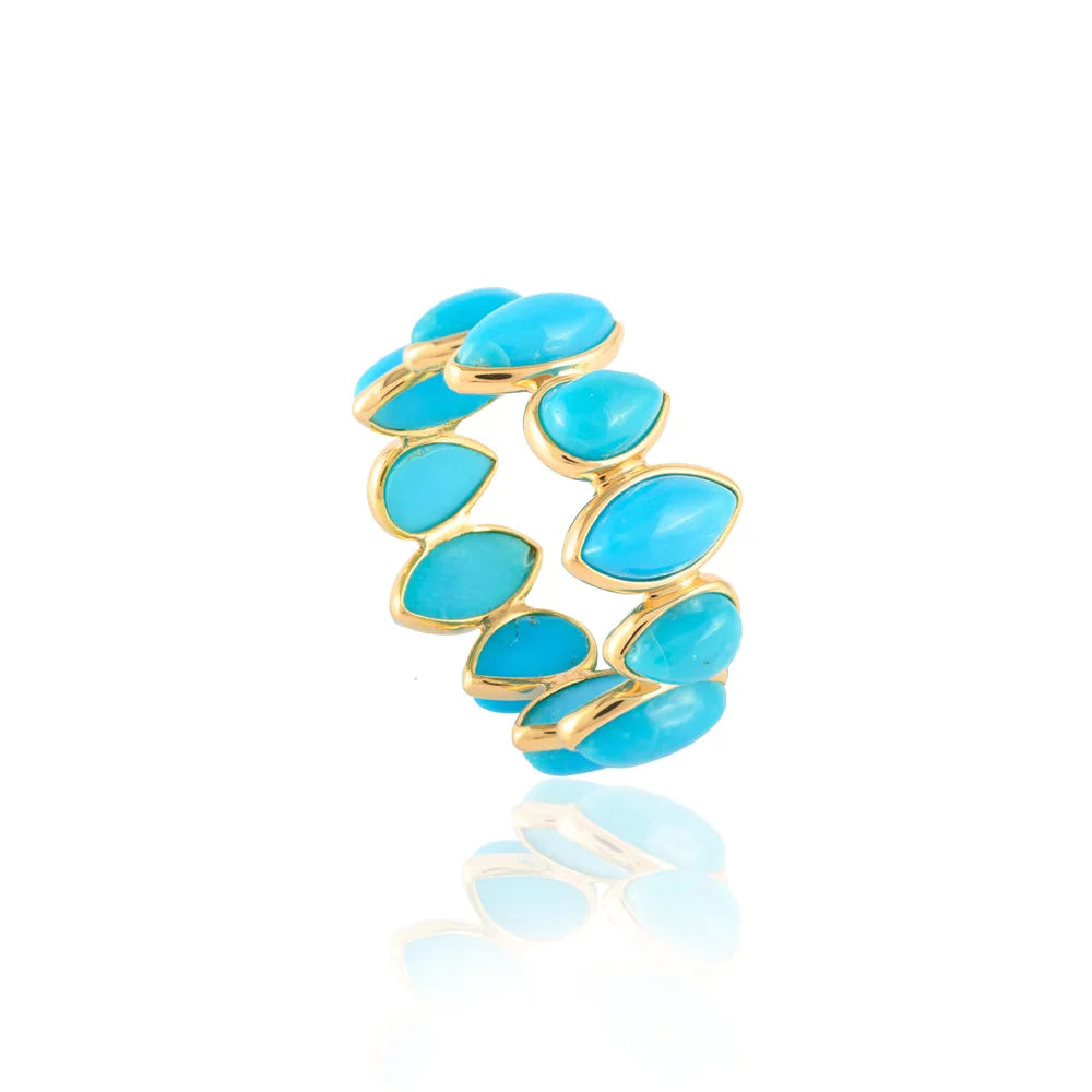 Fashion Jewelry Natural Turquoise 18K Solid Yellow Gold Stacking Band Ring