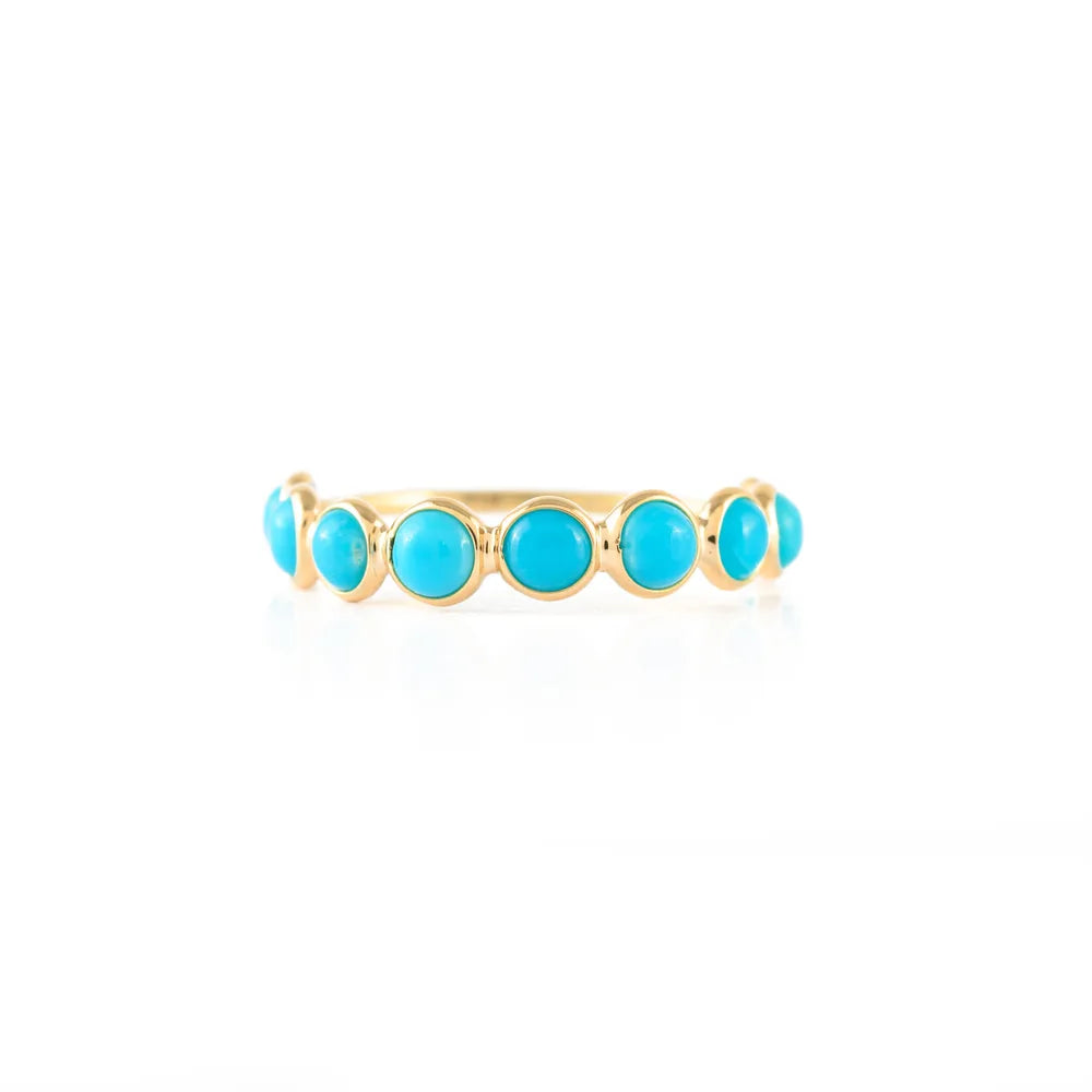 Fine Jewelry Natural Turquoise 14K Solid Yellow Gold Half Eternity Band Ring